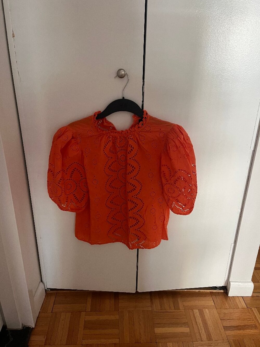 eKSeption Orange Embroidered Eyelet Puff Sleeve Blouse Size S